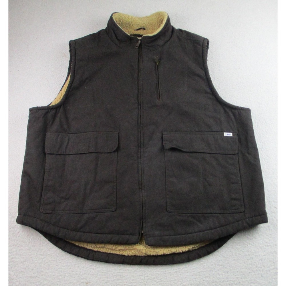Lee Workwear Vest Mens 2XL‎ Brown Sherpa Lined Canvas Zip Pockets Heavyweight